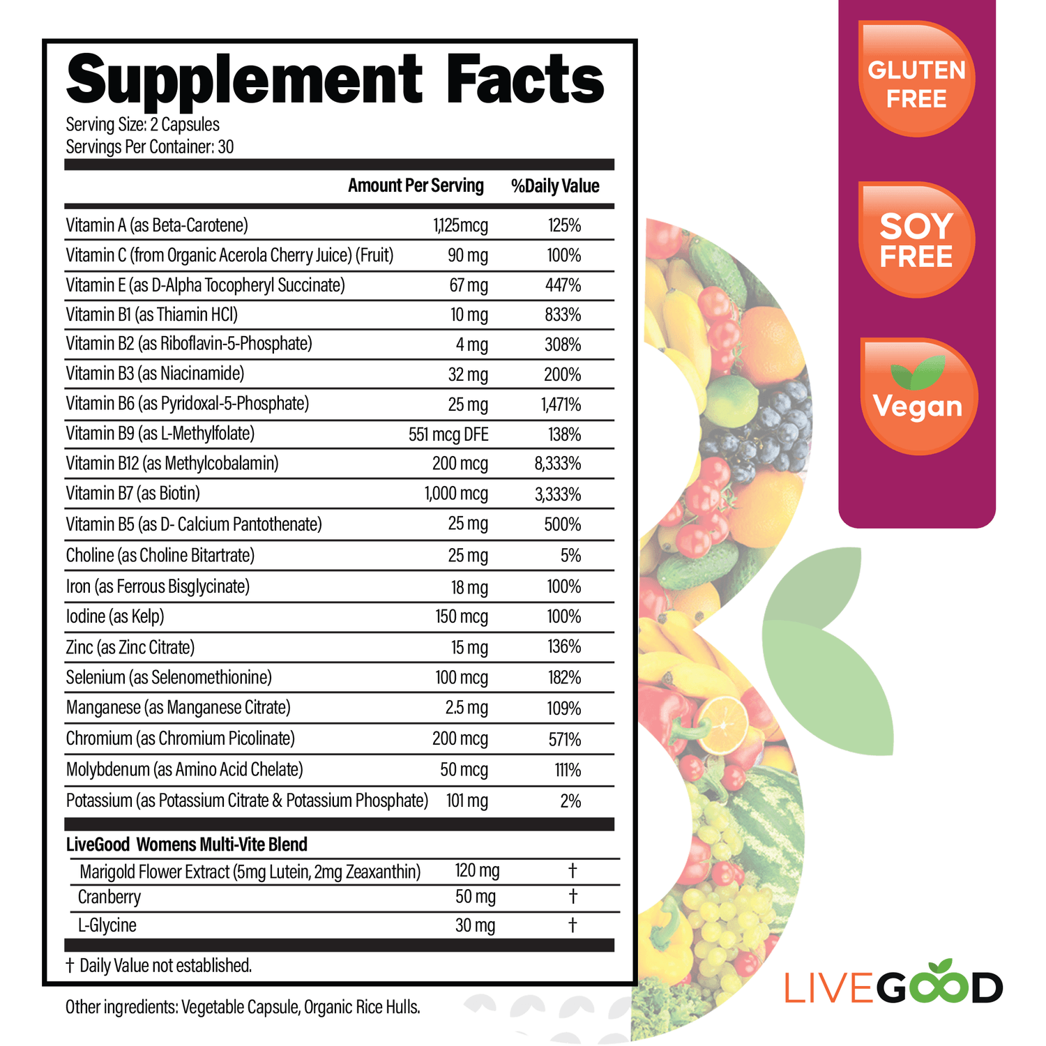 LiveGood Bio-Active Complete Multi-Vitamin for Women with Iron supplement facts