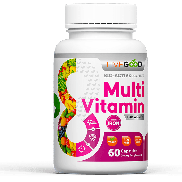 LiveGood Bio-Active Complete Multi-Vitamin for Women with Iron bottle