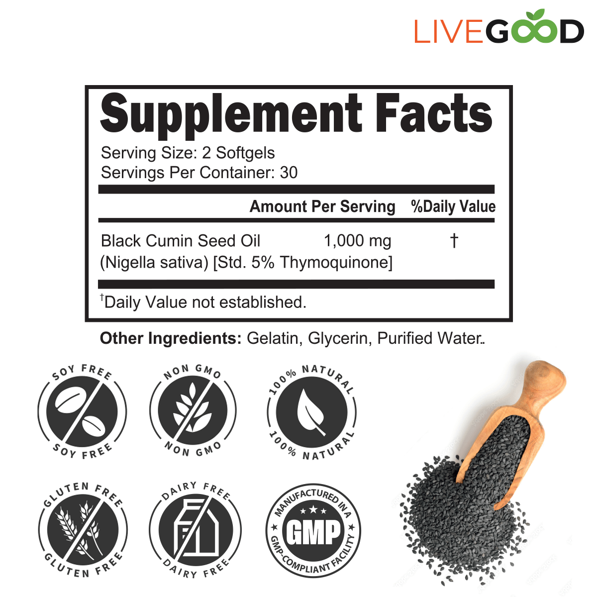LiveGood Black Seed Oil supplement facts