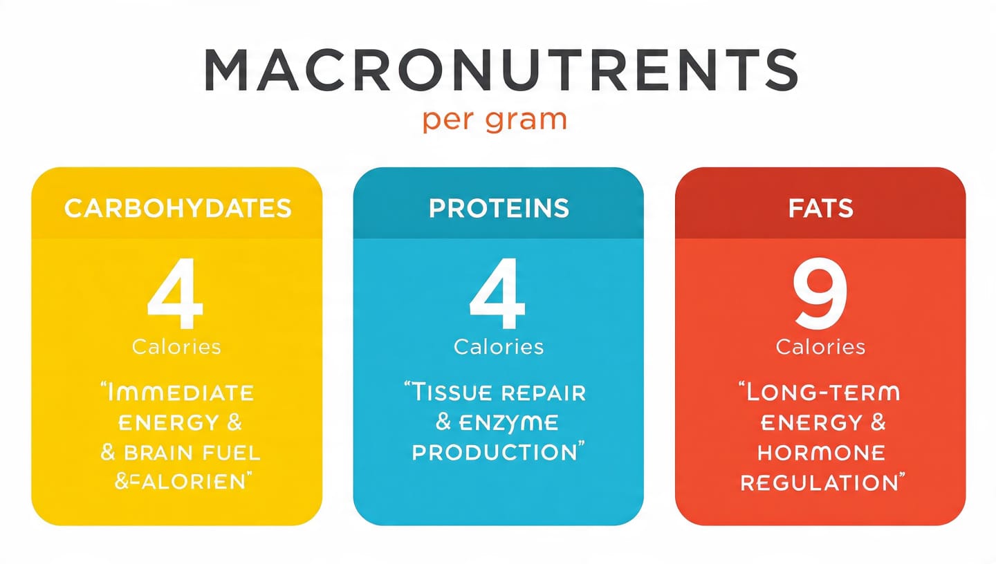Chart comparing calories per gram for carbohydrates, proteins, and fats.