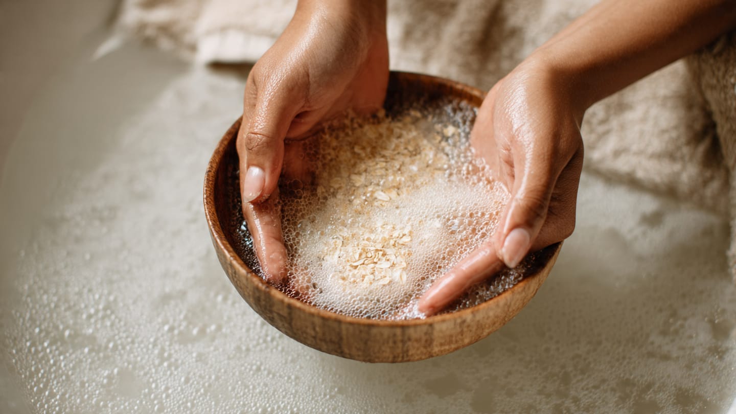 Colloidal oatmeal bath for soothing allergic reaction rash.