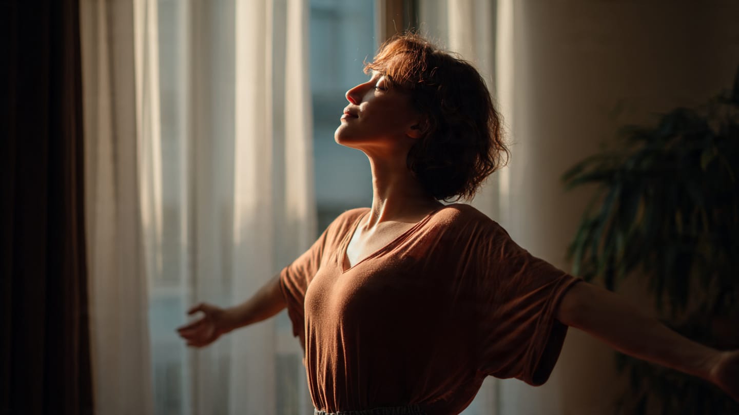 Woman using deep breathing as an internal heat and hot flashes natural home remedy.