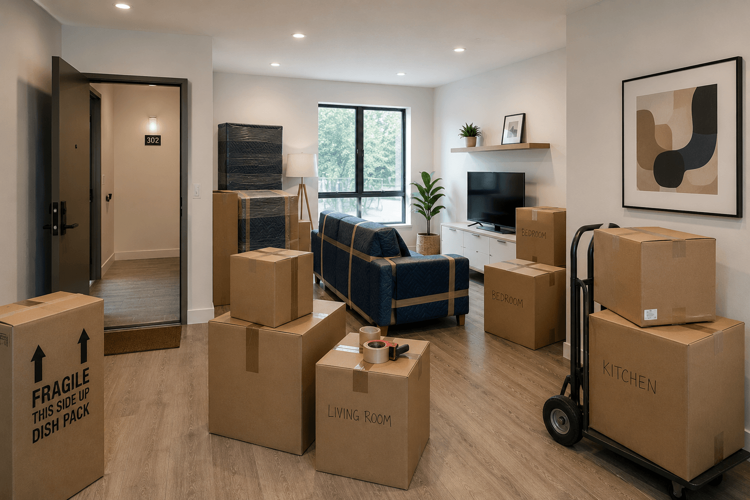 Empty sunlit room with clean floors