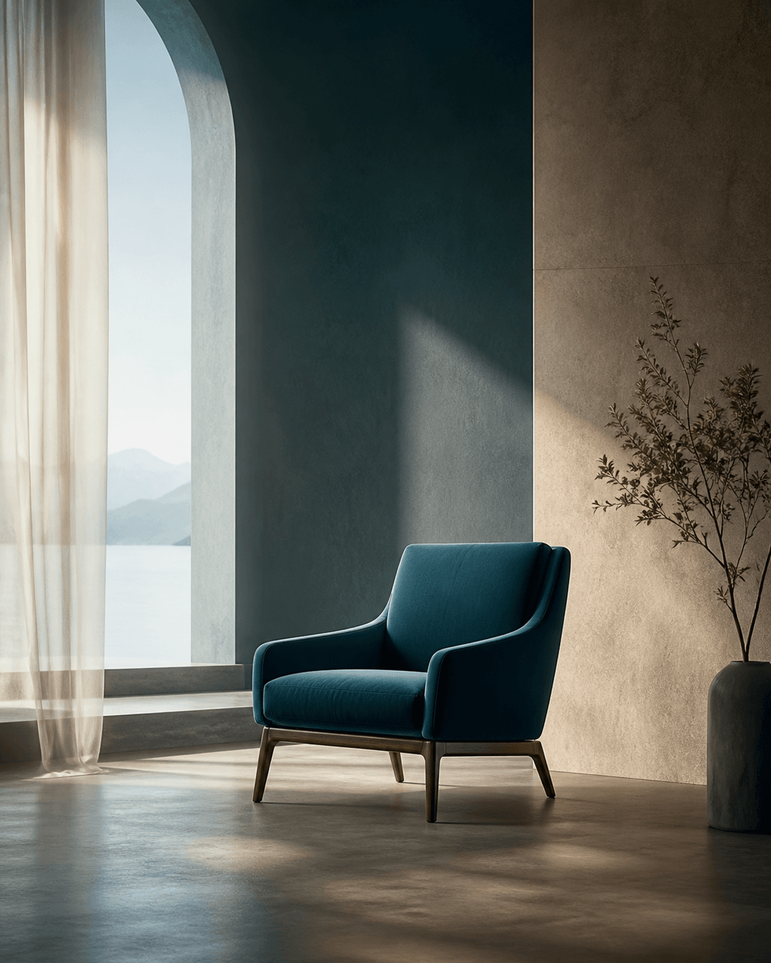 Sillón sobrio en un espacio arquitectónico sereno, símbolo de ocupar el lugar propio con claridad