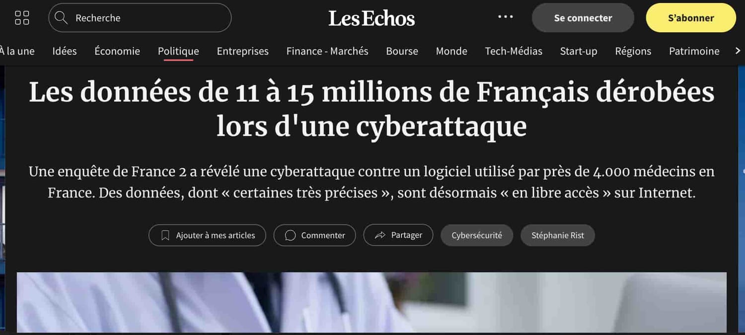 Article du journal Les Echos sur le vol de données chez Cerballiance