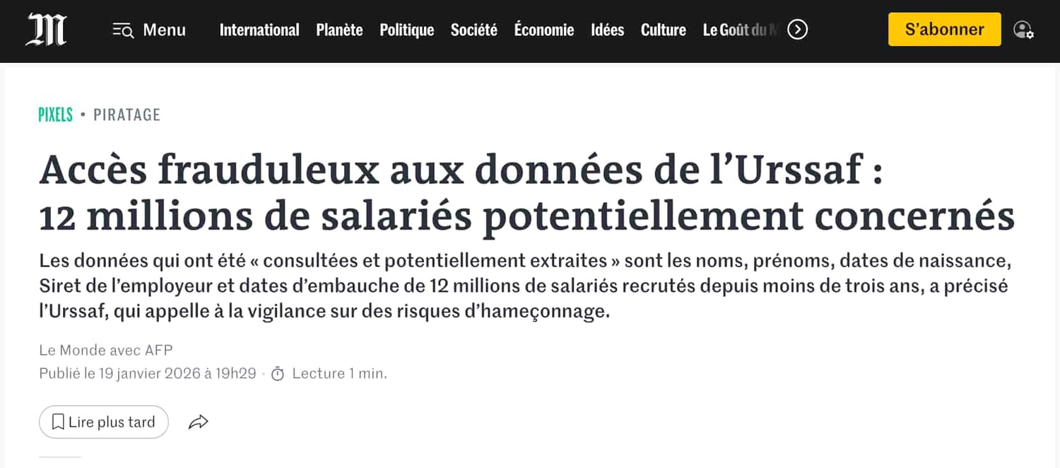 Article du journal Le Monde sur le vol de données à l'URSSAF