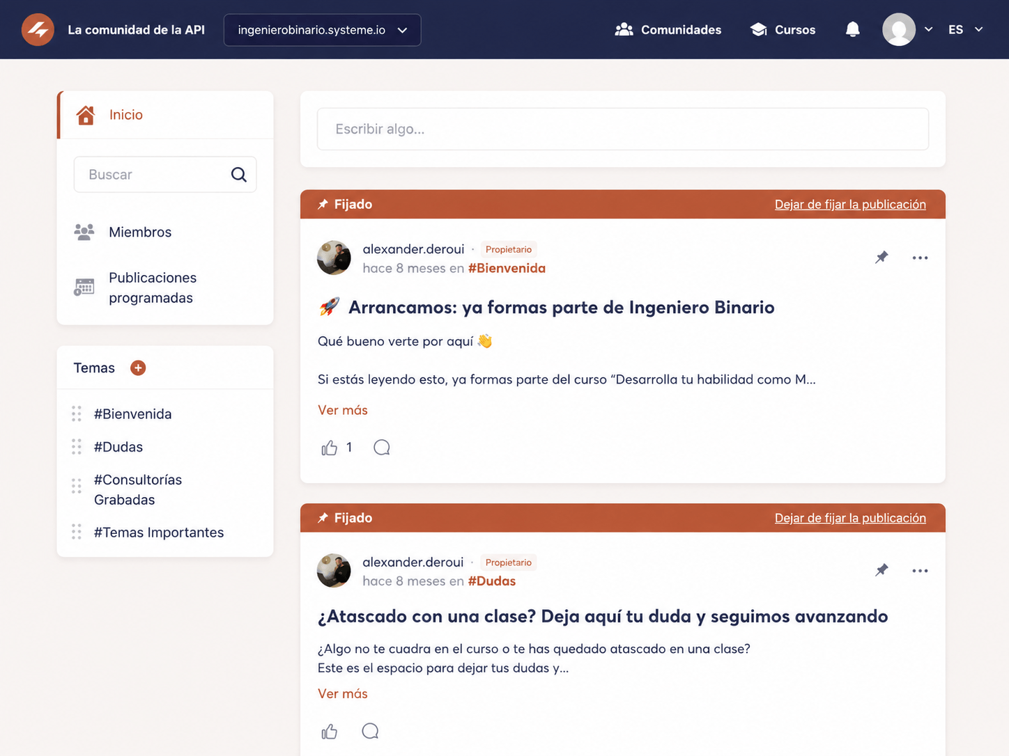 Feed de la comunidad La comunidad de la API con publicaciones fijadas de Alexander Deroui, hashtags Bienvenida, Dudas, Consultorías Grabadas y Temas Importantes