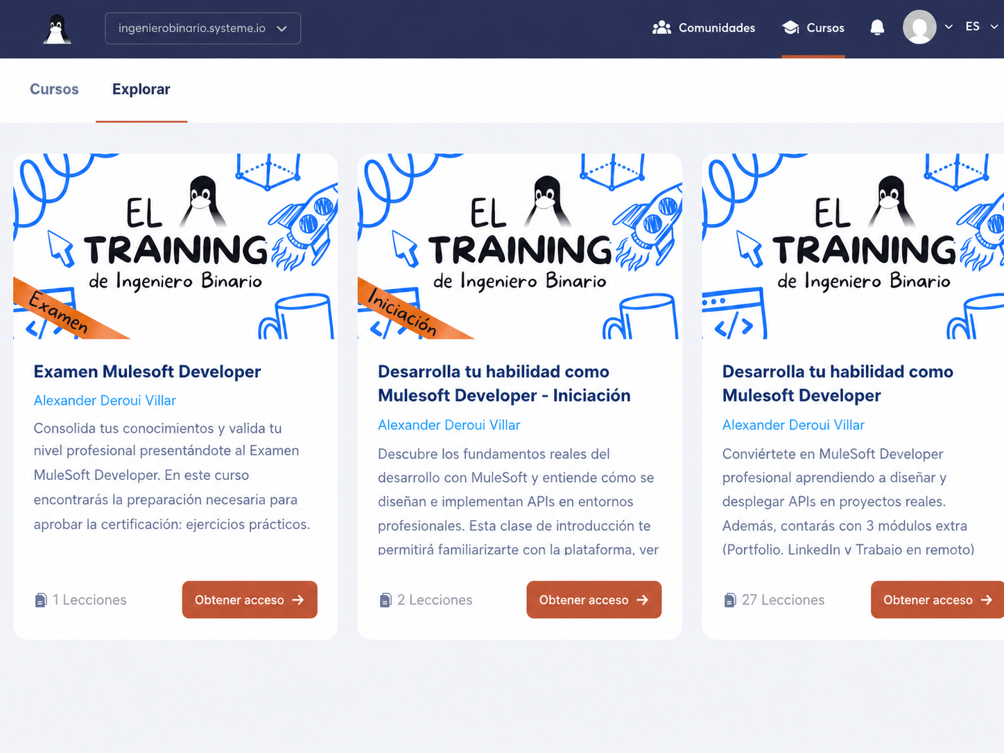Catálogo público Explorar de la academia con tres cursos El Training de Ingeniero Binario y botón coral Obtener acceso en cada tarjeta
