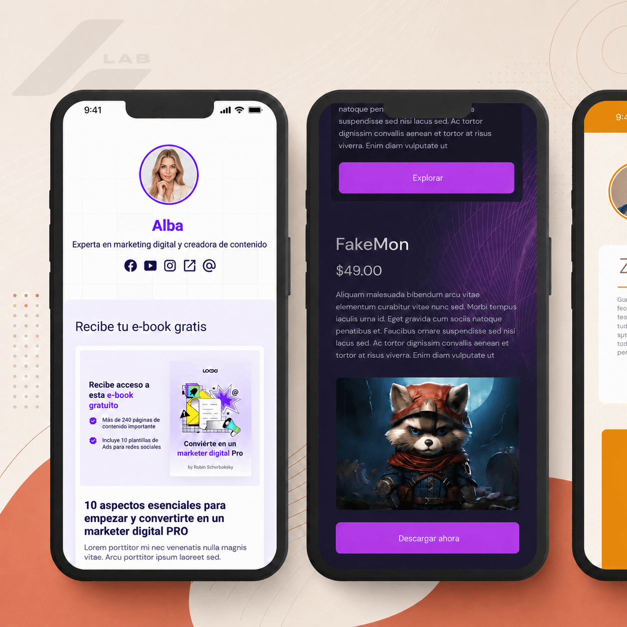 Tres mockups móviles: Link en Bio de Alba con foto y redes sociales, página de venta de e-book gratis con bullets, y página de producto digital FakeMon con CTA de descarga