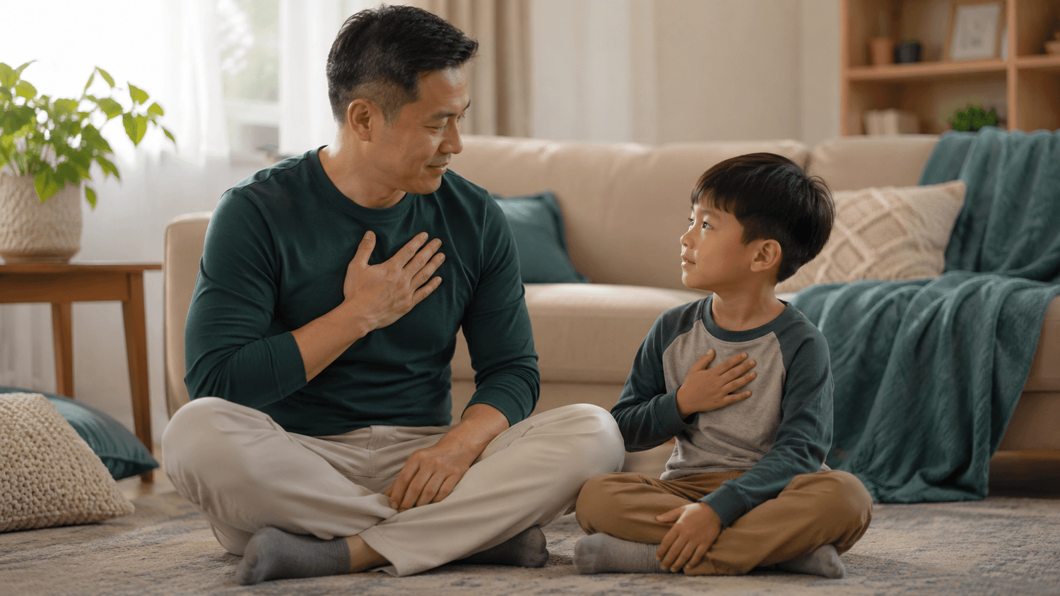 A father and son sharing a calm, present moment together