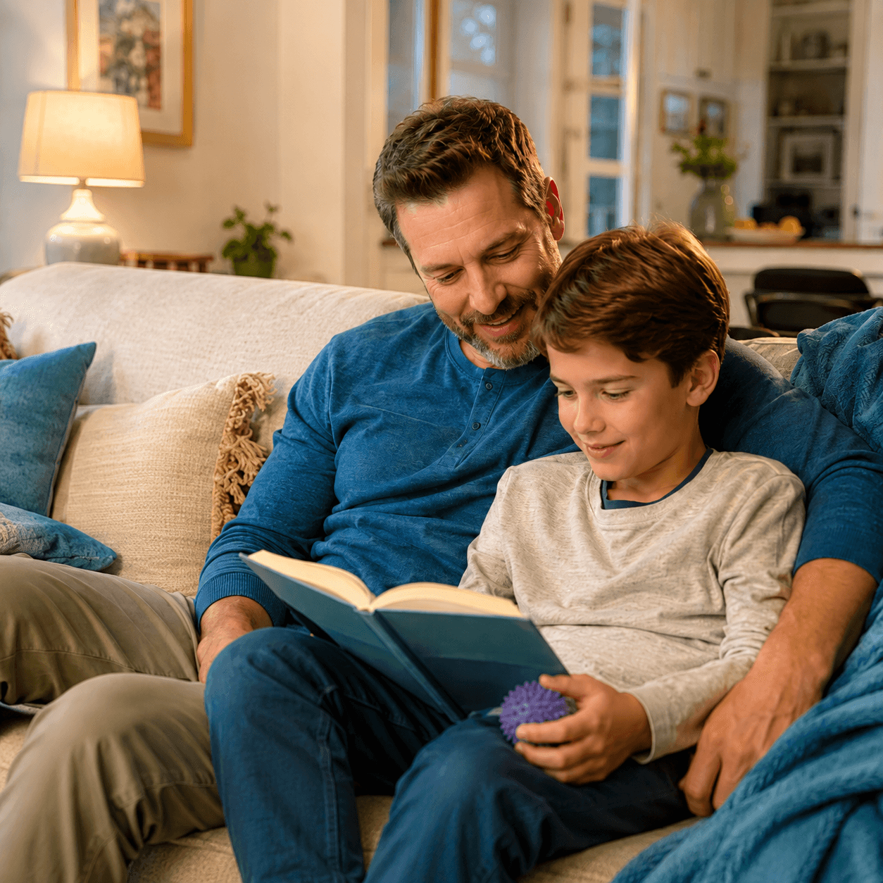 A father and son reading together in cozy warmth