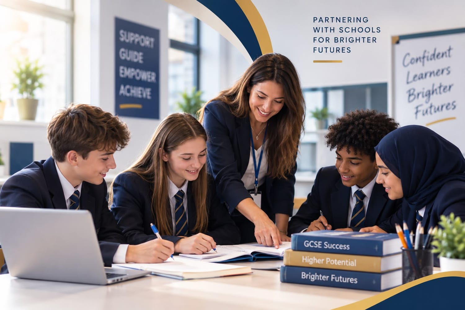 Teacher supporting GCSE students in a small-group classroom