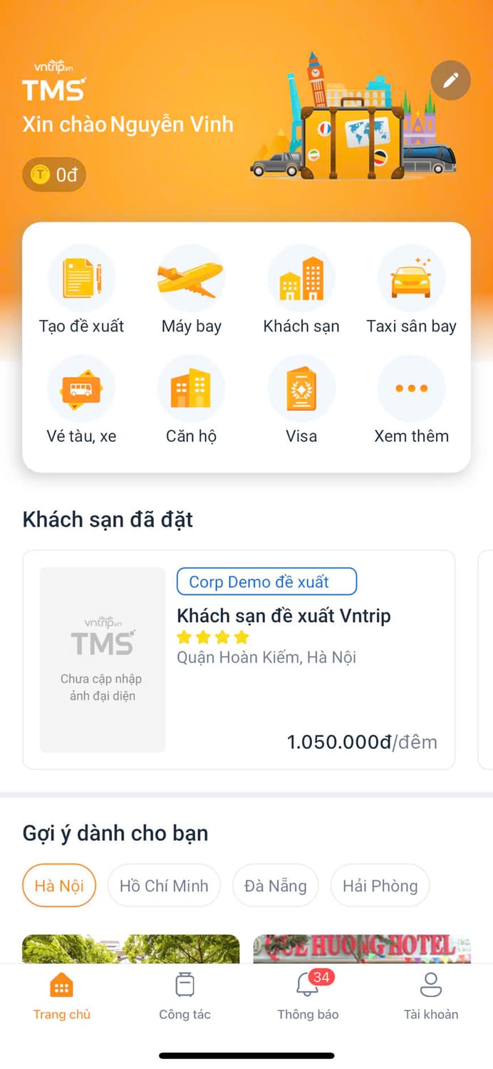 giao diện app Vntrip TMS