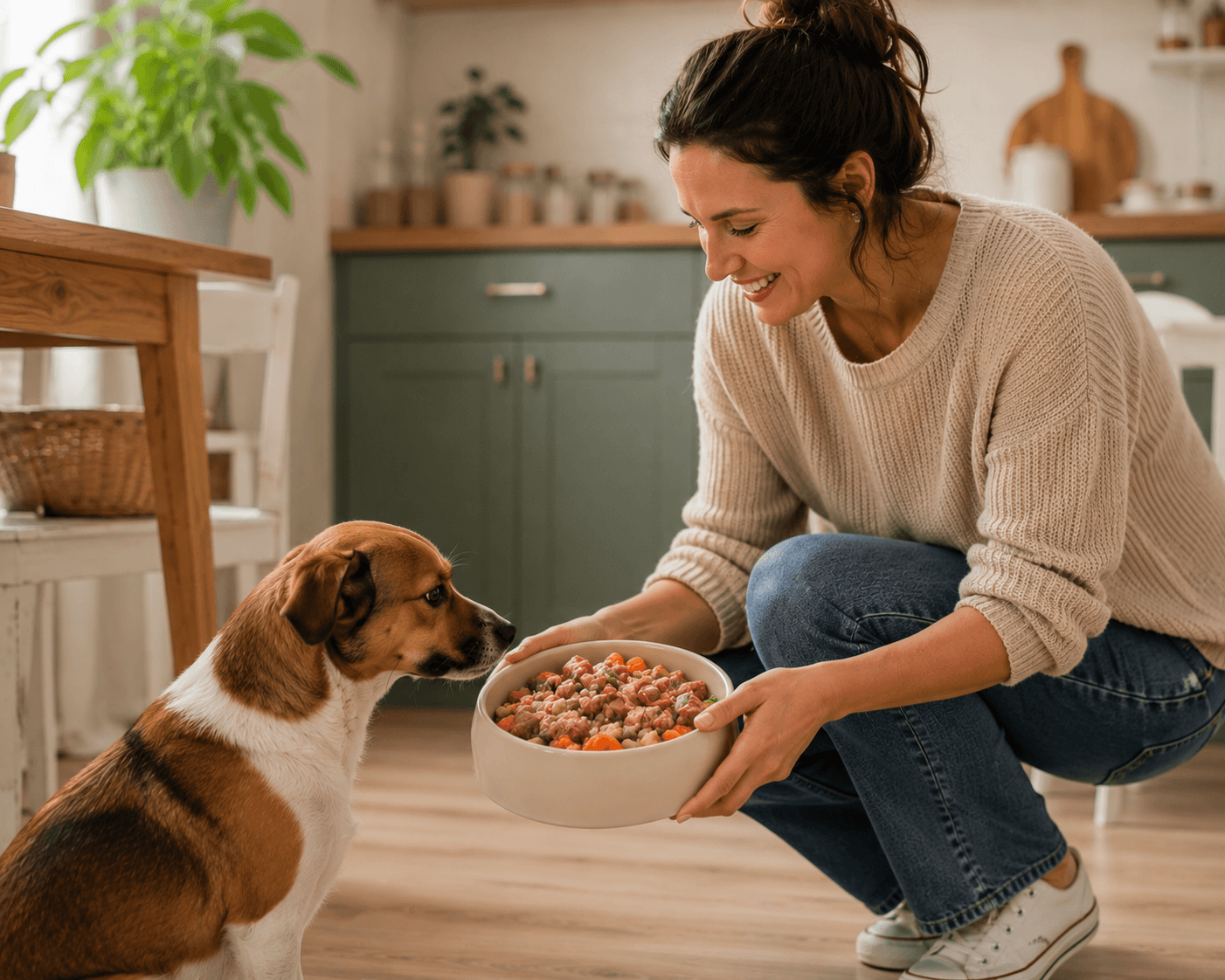Chien devant une gamelle avec alimentation maison