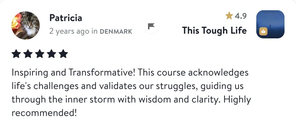 Patricia, five stars, This Tough Life: Inspiring and Transformative! This course acknowledges life's challenges and validates our struggles, guiding us through the inner storm with wisdom and clarity. Highly recommended!