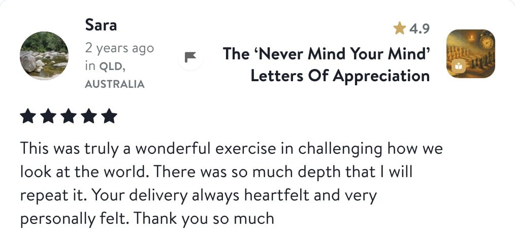 Review from Sara: This was truly a wonderful exercise in challenging how we look at the world. There was so much depth that I will repeat it. Your delivery always heartfelt and very personally felt. Thank you so much