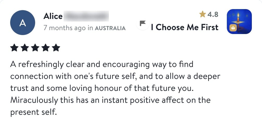 Review from Alice: A refreshingly clear and encouraging way to find connection with one's future self, and to allow a deeper trust and some loving honour of that future you. Miraculously this has an instant positive affect on the present self.