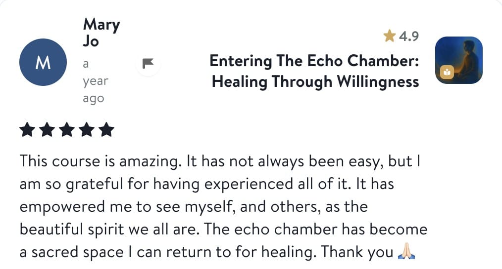 Review from Mary Jo: This course is amazing. It has not always been easy, but I am so grateful for having experienced all of it. It has empowered me to see myself, and others, as the beautiful spirit we all are. The echo chamber has become a sacred space I can return to for healing. Thank you