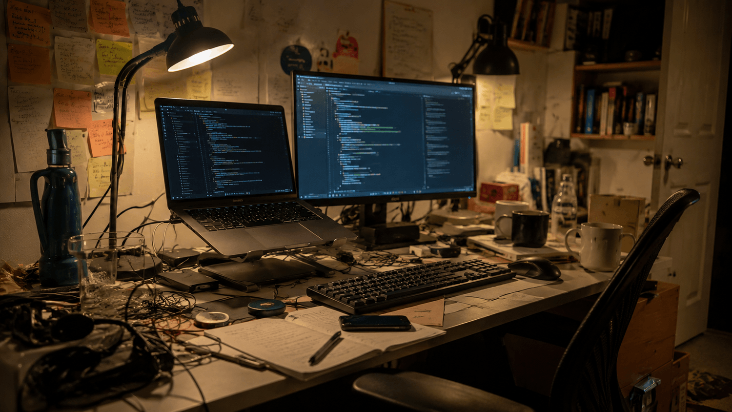 Cluttered home office desk setup with tangled cables, dual screens displaying code, scattered notebooks and coffee mugs, dim desk lighting, and messy workspace organization creating a stressed late-night productivity atmosphere.