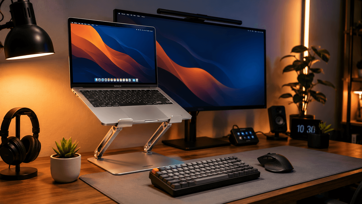 Modern ergonomic desk setup with a laptop elevated on an adjustable aluminum stand beside a compact mechanical keyboard and wireless productivity mouse, featuring warm ambient lighting, minimalist workspace decor, and a cozy work-from-home atmosphere.