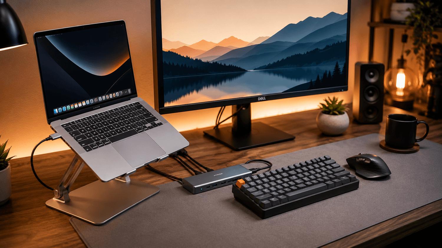 Clean modern desk setup with a laptop on an aluminum stand connected to a USB-C docking station, external monitor, compact mechanical keyboard, and wireless mouse, featuring warm ambient lighting and organized cable management in a minimalist home office.