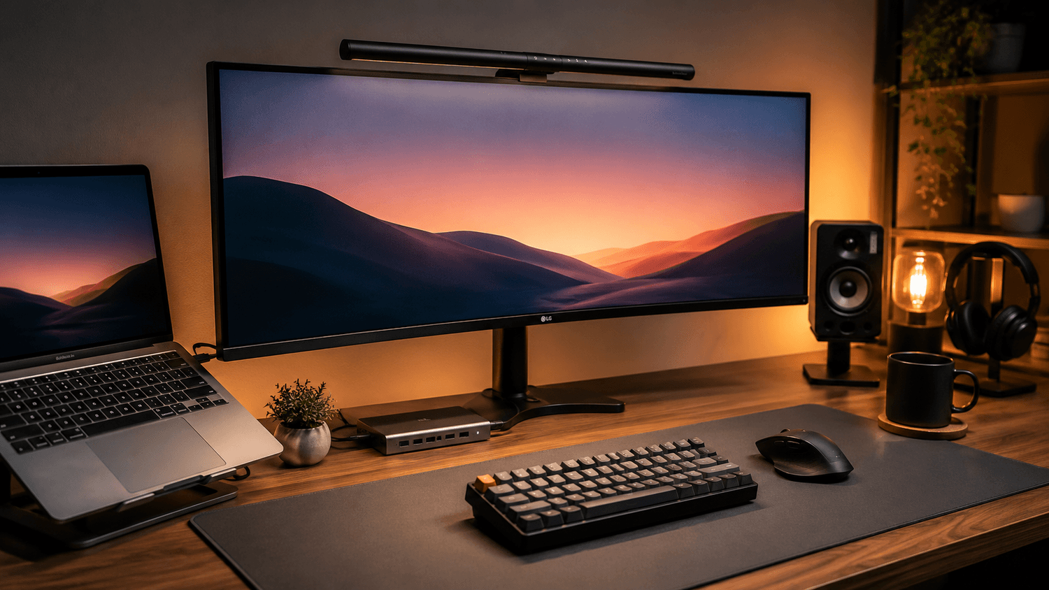 Minimalist home office desk setup with an ultrawide monitor featuring a mounted monitor light bar, compact mechanical keyboard, wireless ergonomic mouse, laptop on a stand, and warm ambient lighting creating a cozy modern productivity workspace.
