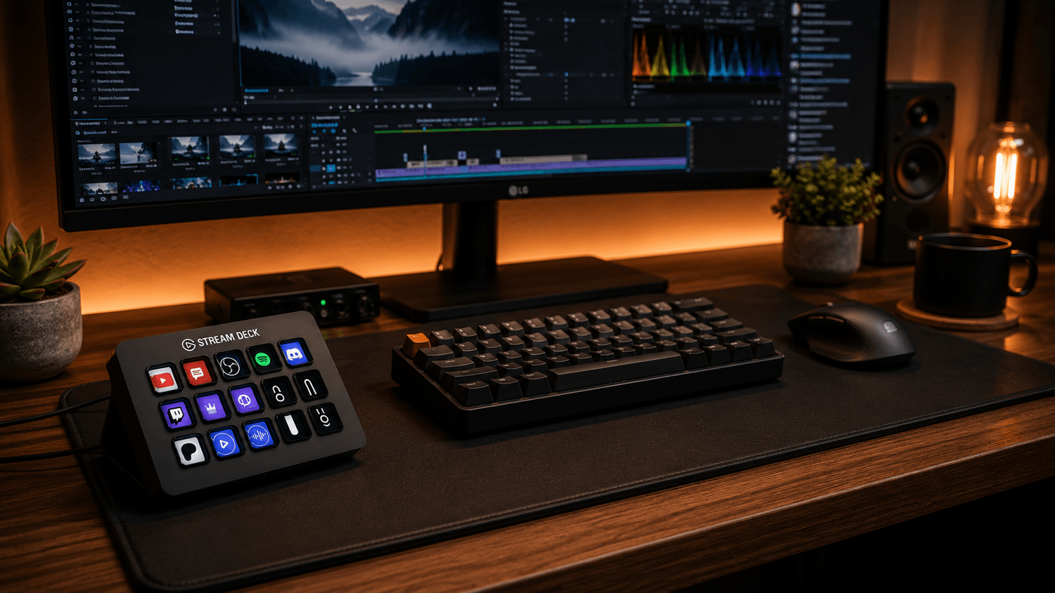 Modern creator desk setup featuring an Elgato Stream Deck with illuminated customizable macro keys beside a compact mechanical keyboard and ergonomic wireless mouse on a premium black desk mat, ultrawide monitor displaying video editing timeline and creative workflow software, warm ambient backlighting, cozy productivity workspace atmosphere, cinematic shadows, realistic reflections on wooden desk surface, organized minimalist home office aesthetic, soft orange glow with subtle blue accents, shallow depth of field, clean cable management, photorealistic textures, realistic lifestyle photography, ultra detailed, 16:9 composition, 8k quality