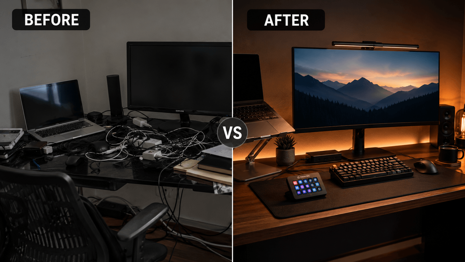 Split-screen comparison of a home office desk setup showing a dramatic “before vs after” transformation. The left side features a cluttered workspace with tangled cables, messy accessories, scattered papers, poor lighting, and an uncomfortable laptop position. The right side showcases a clean minimalist desk setup with a mechanical keyboard, ergonomic mouse, monitor light bar, laptop stand, Stream Deck controller, premium desk mat, warm ambient lighting, organized cable management, and a modern productivity-focused workspace aesthetic.