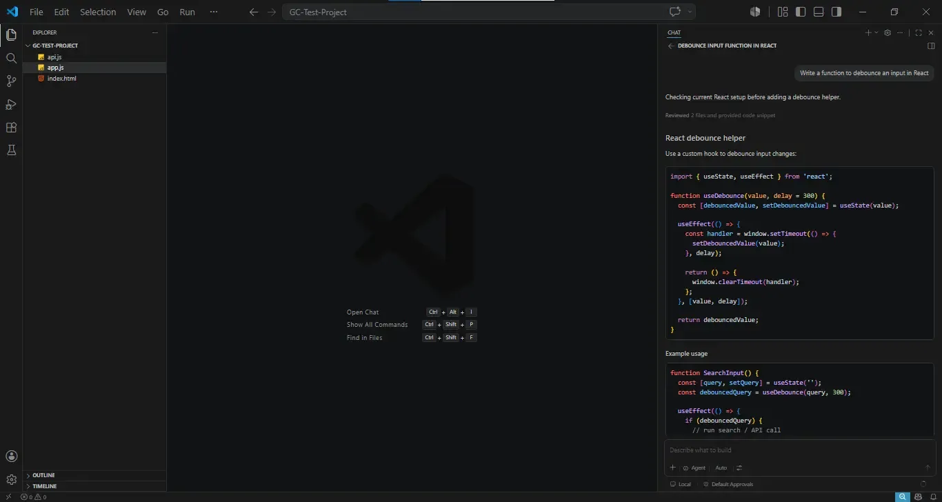 Screenshot of Visual Studio Code in dark theme with a project named “GC-TEST-PROJECT” open in the Explorer sidebar. The project contains three files: api.js, app.js, and index.html. The main editor area is empty, displaying the VS Code welcome screen with keyboard shortcuts for opening chat, showing commands, and finding files. On the right, an AI chat panel titled “DEBOUNCE INPUT FUNCTION IN REACT” is open. The user’s request, “Write a function to debounce an input in React,” appears at the top of the conversation. The chat response explains a React debounce helper and includes a code example defining a custom useDebounce hook using useState, useEffect, and setTimeout, followed by an example component that uses the hook to delay search or API calls. A prompt field labeled “Describe what to build” is visible at the bottom of the chat panel, along with controls for agent mode and approvals.
