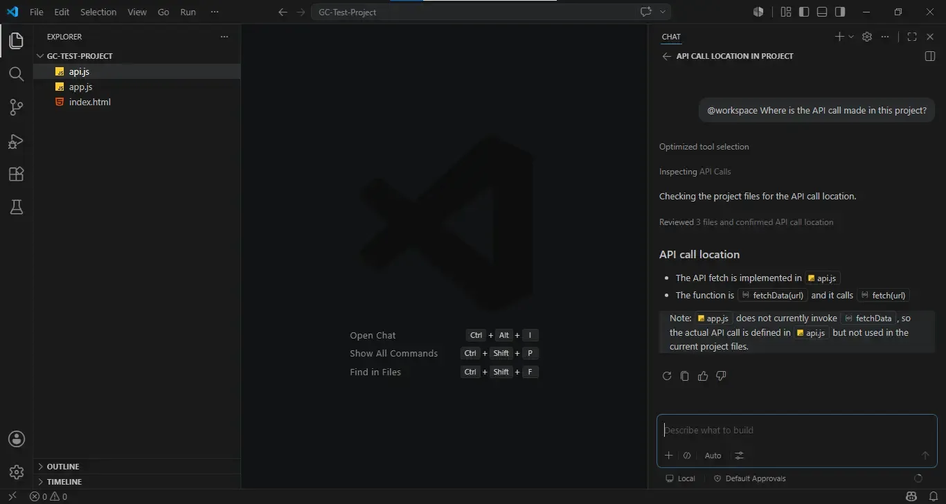 Screenshot of Visual Studio Code in dark theme with a project named “GC-Test-Project” open in the Explorer sidebar. The project contains three files: api.js, app.js, and index.html, with api.js selected. The main editor area displays the VS Code welcome screen with shortcuts for opening chat, showing commands, and finding files. On the right, an AI chat panel titled “API CALL LOCATION IN PROJECT” is open. The user asks, “@workspace Where is the API call made in this project?” The AI assistant analyzes the workspace, stating that it inspected project files and reviewed three files to identify the API call location. The response explains that the API fetch is implemented in api.js within a fetchData(url) function that uses fetch(url), and notes that the function is defined but not currently invoked elsewhere in the project. The bottom of the panel contains a prompt field labeled “Describe what to build,” along with controls for agent mode and approvals.