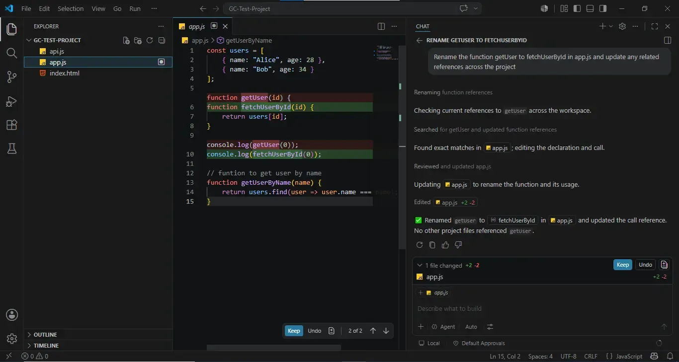 Screenshot of Visual Studio Code with an AI chat assistant performing a project-wide refactor, renaming the getUser function to fetchUserById in app.js and updating related references.