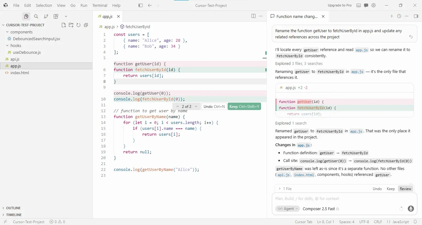 Screenshot of Cursor AI refactoring code in app.js, renaming the getUser function to fetchUserById and updating all related references across the project.