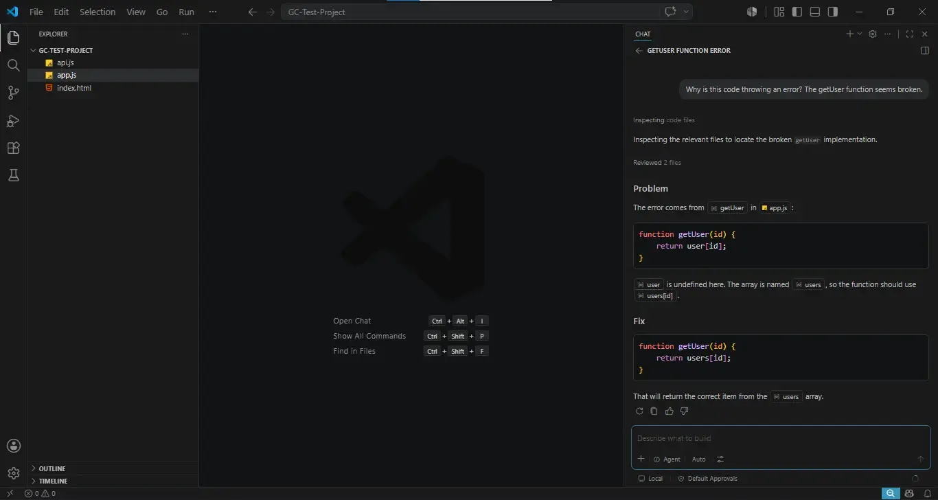 Screenshot of Visual Studio Code with an AI chat assistant analyzing a JavaScript error, identifying a bug in the getUser function and suggesting a corrected code fix.