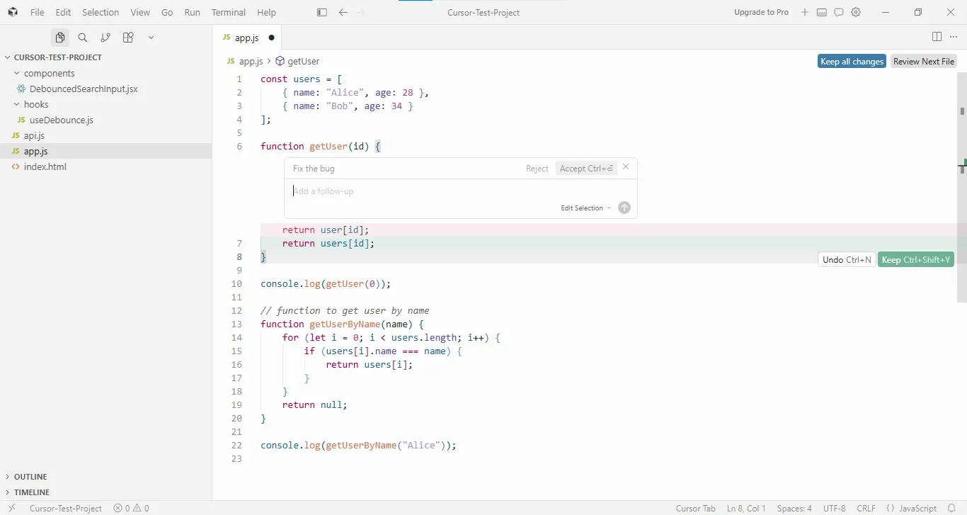 Screenshot of Cursor AI suggesting an inline bug fix in app.js, replacing user[id] with users[id] and displaying a side-by-side code diff for review.