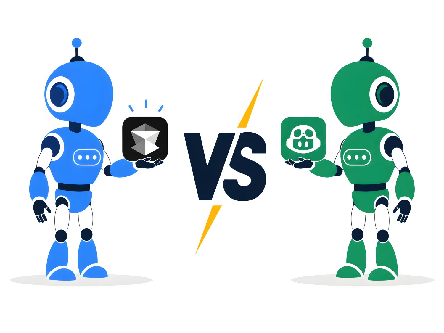 Illustration of two cartoon robots facing off in a VS comparison, with the Cursor logo held by the blue robot and the GitHub Copilot logo held by the green robot.