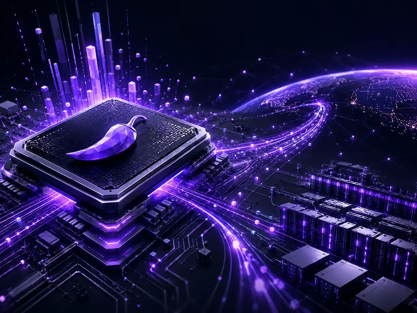 3D low-poly AI processor chip with glowing purple data streams flowing across a futuristic semiconductor and global data center network on a dark background.