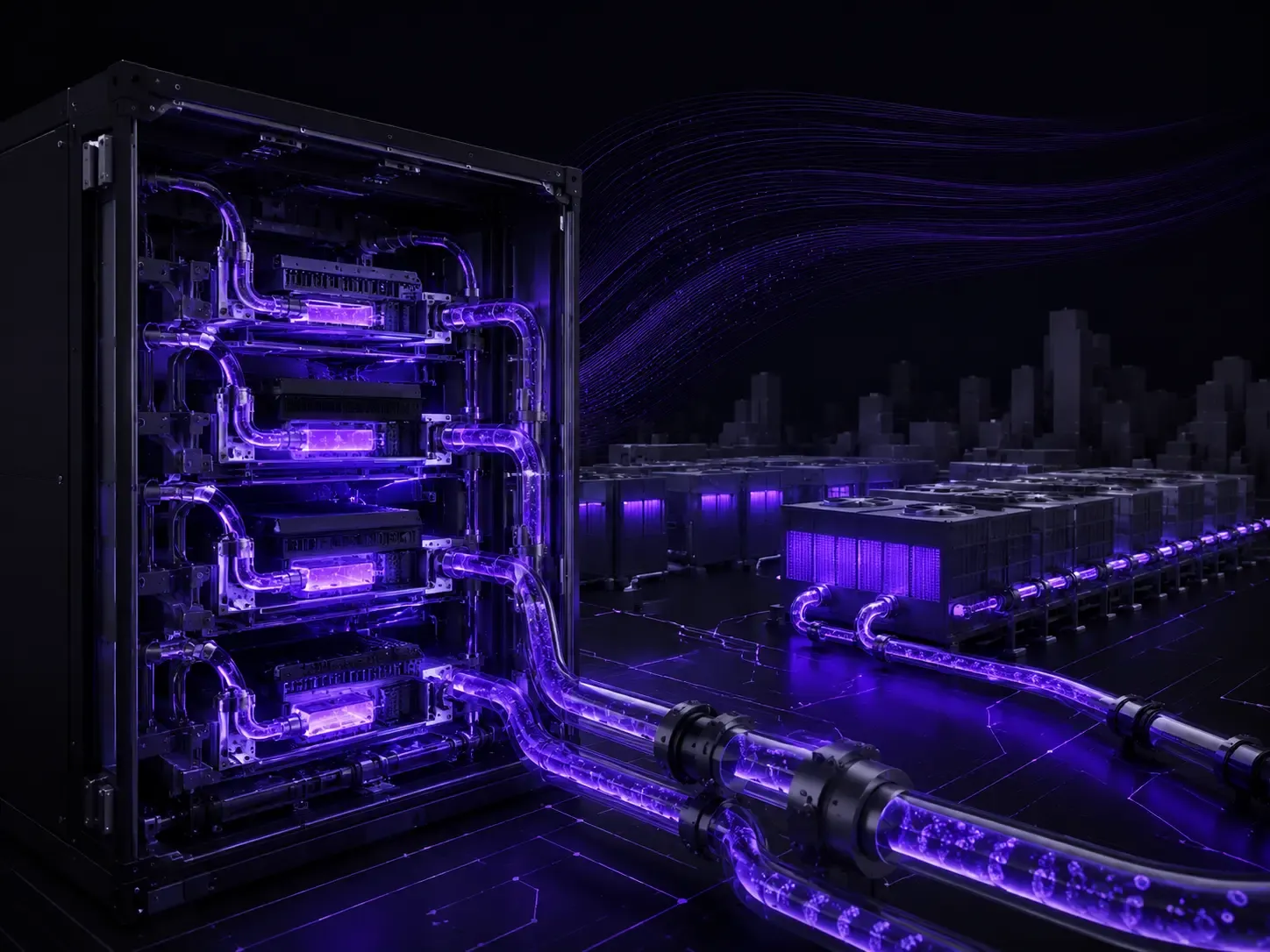 Futuristic liquid-cooled AI data center with glowing purple coolant flowing through server racks, highlighting advanced cooling infrastructure and high-performance computing.
