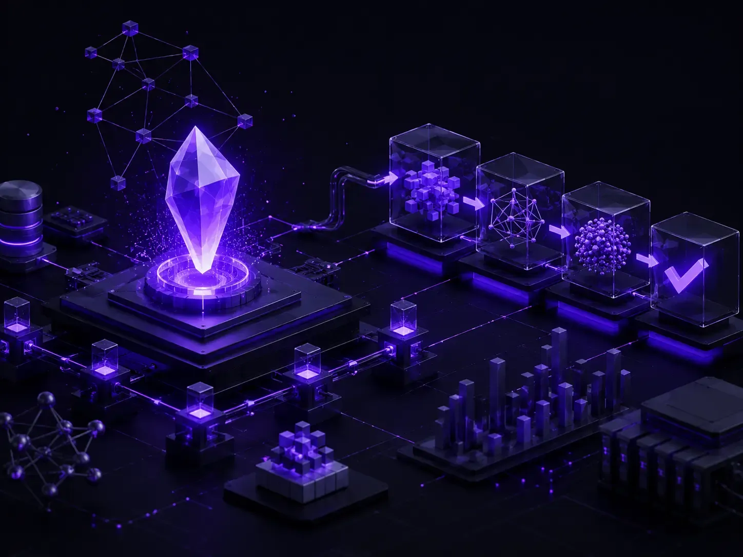 Isometric AI reasoning pipeline with a glowing purple crystal, connected neural network modules, and abstract data processing stages on a dark futuristic background.