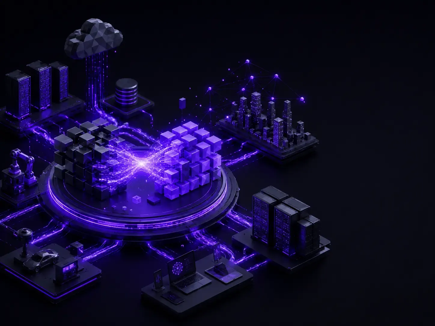 Abstract AI software platform with interconnected data cubes, cloud infrastructure, edge devices, and glowing purple network streams on a dark futuristic background.