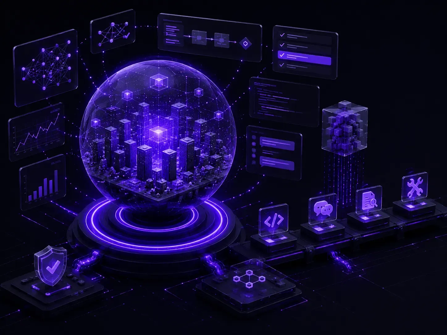 Glowing AI simulation sphere with floating workflow panels, analytics dashboards, and connected developer tools on a dark futuristic background.