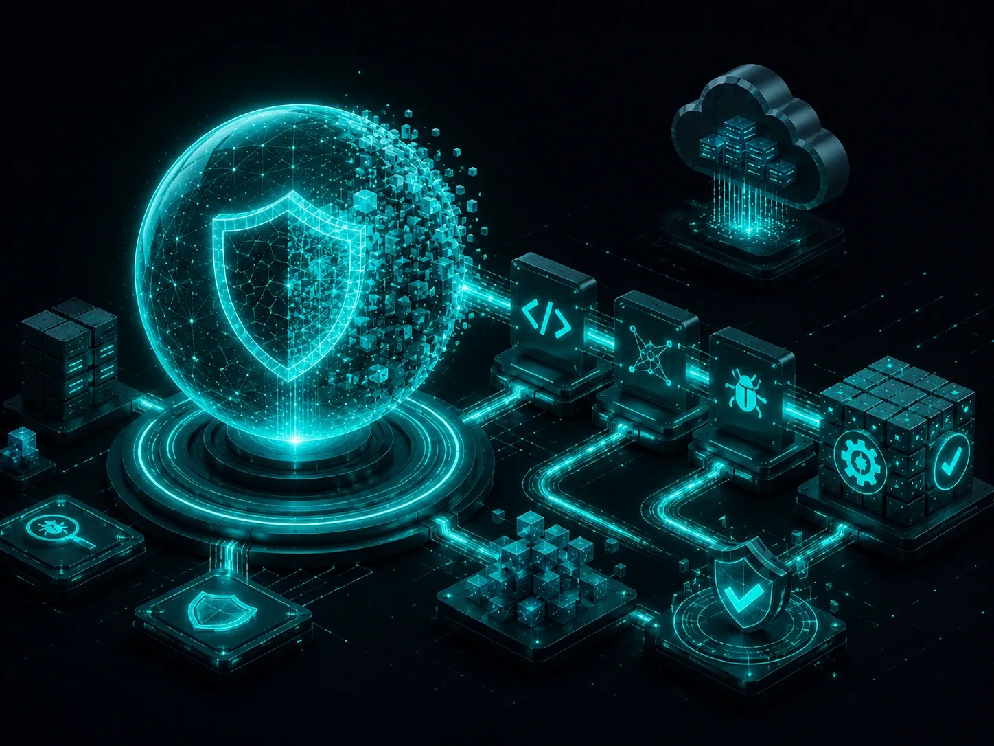 Futuristic AI cyber defense platform with a glowing security shield, automated code patching, and connected developer workflows on a dark teal background.