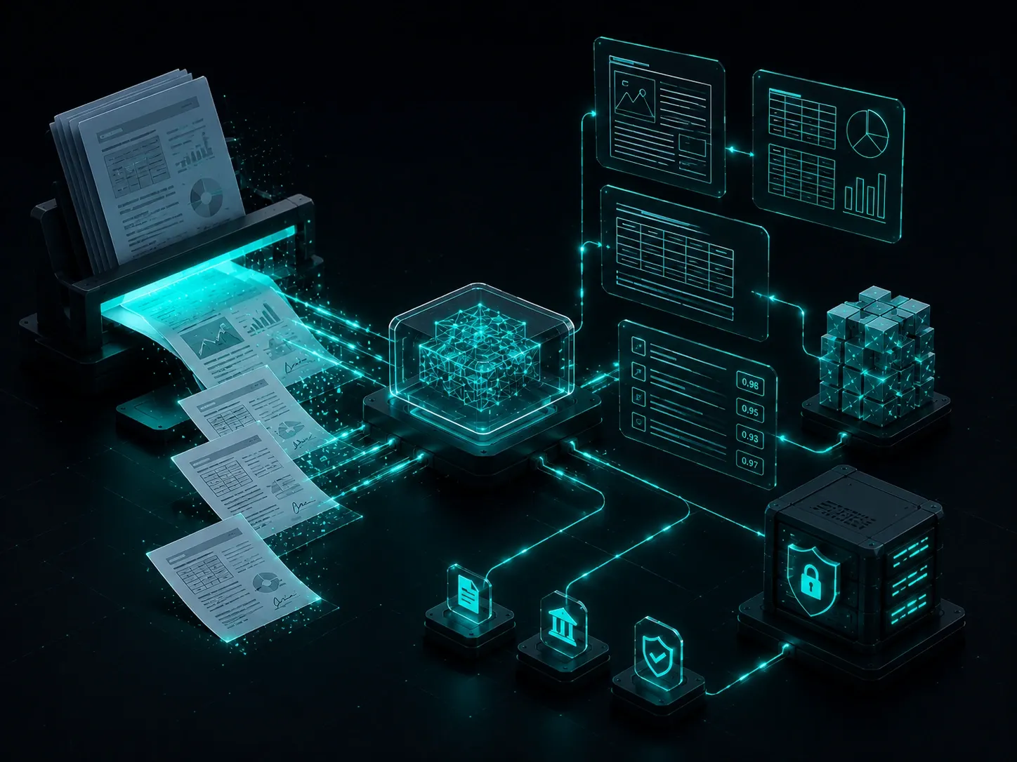 AI-powered document processing pipeline with scanned reports, structured data extraction, analytics dashboards, and secure document intelligence on a dark futuristic background.