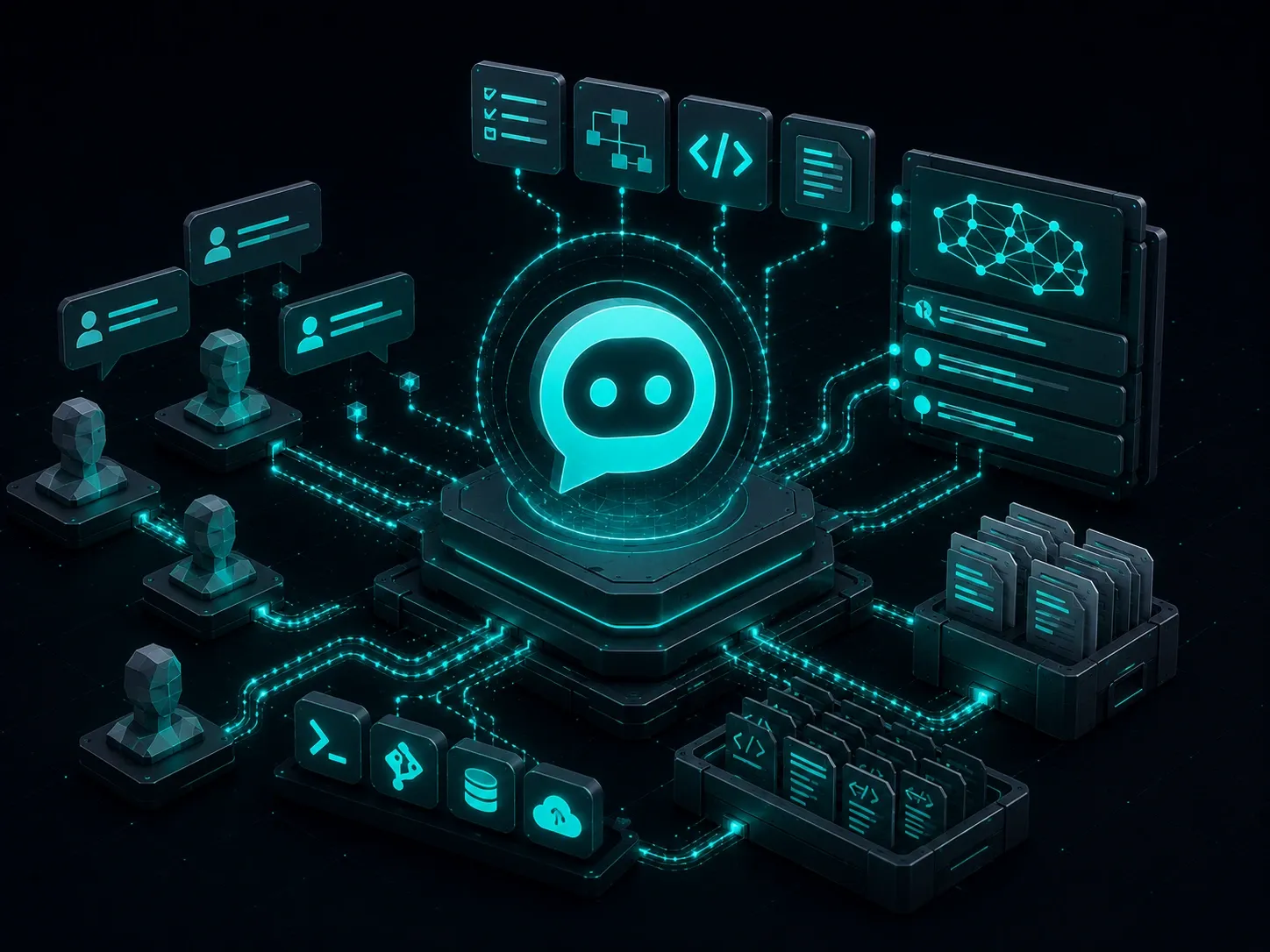 AI collaboration workspace with a central virtual assistant connected to team chats, developer tools, shared knowledge, and workflow automation on a dark futuristic background.