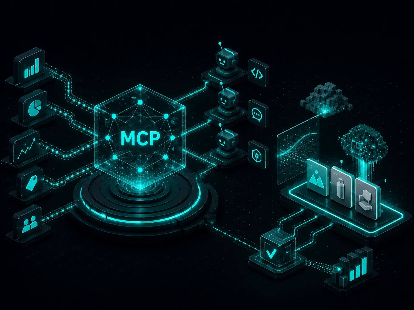 Abstract AI protocol network connecting analytics, AI agents, developer tools, and creative assets through a glowing MCP infrastructure on a dark futuristic background.