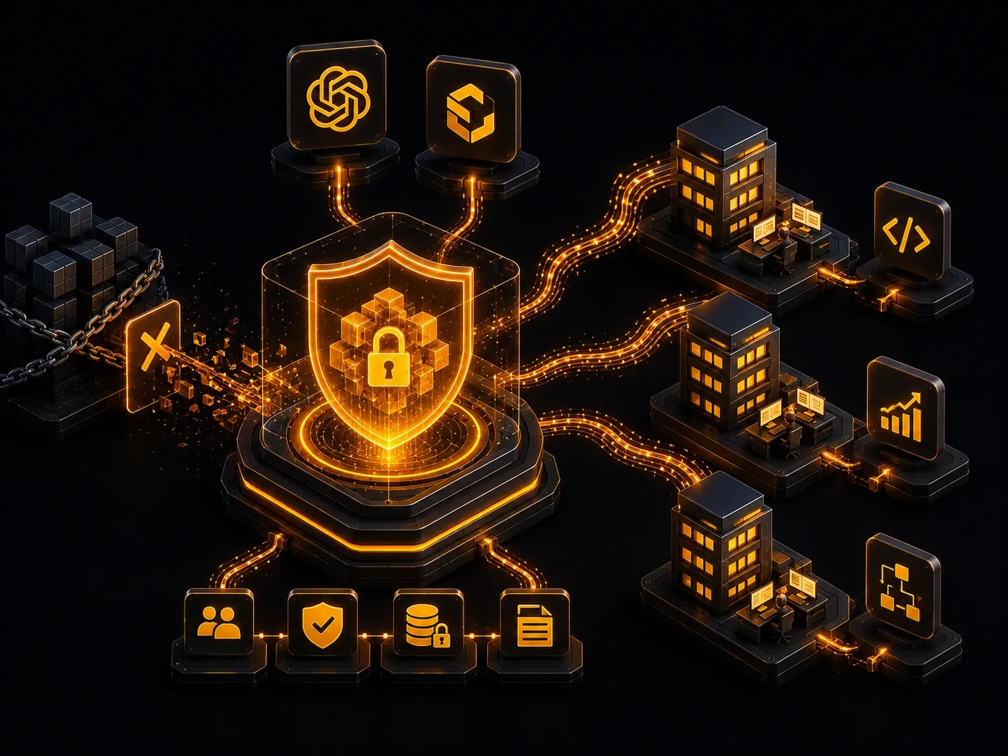 Enterprise AI platform with secure workplace automation, protected data flows, developer tools, and centralized governance on a dark futuristic background.