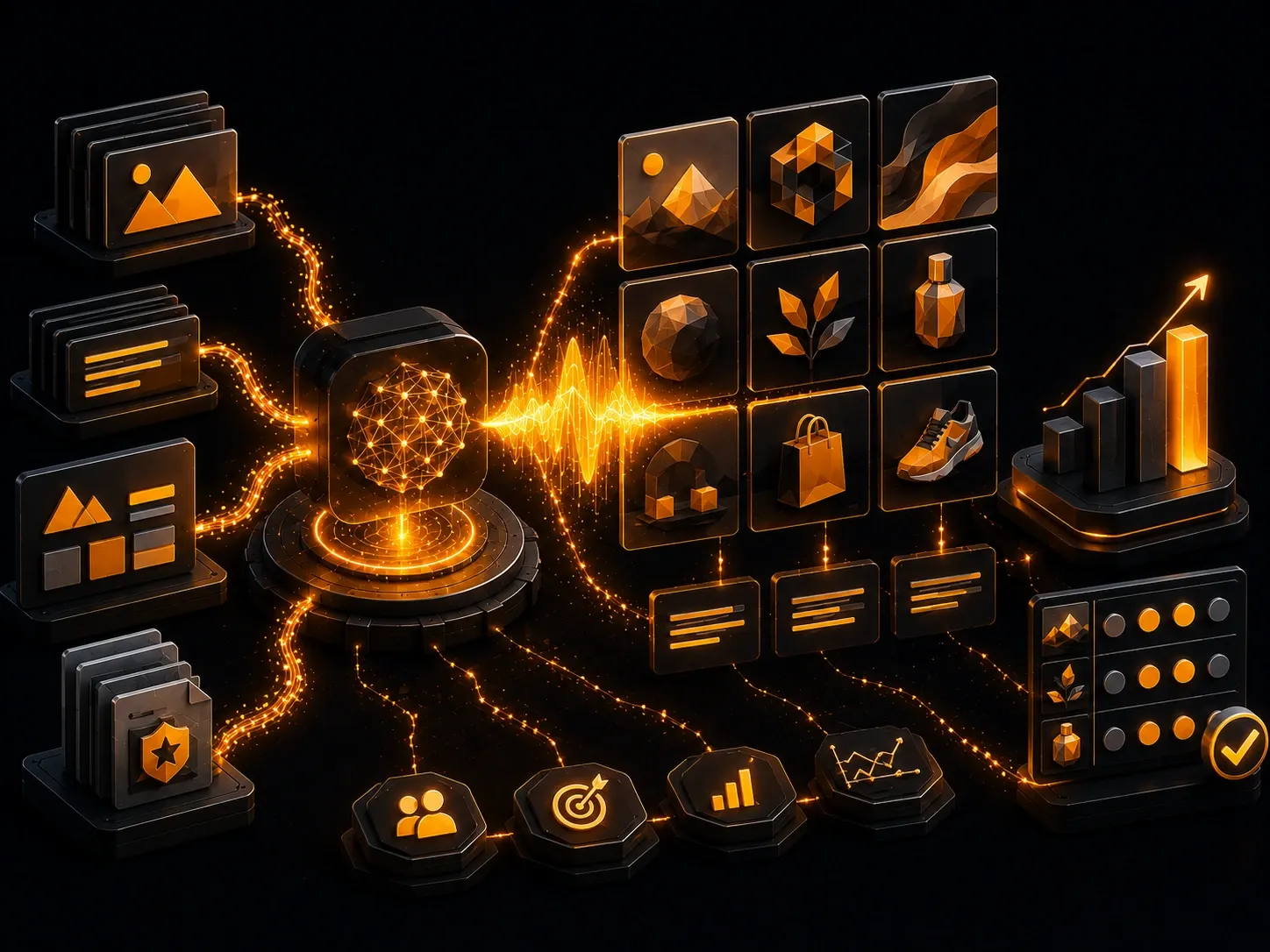 AI-powered creative generation platform producing brand-consistent marketing assets, campaign variations, and performance analytics on a dark futuristic background.