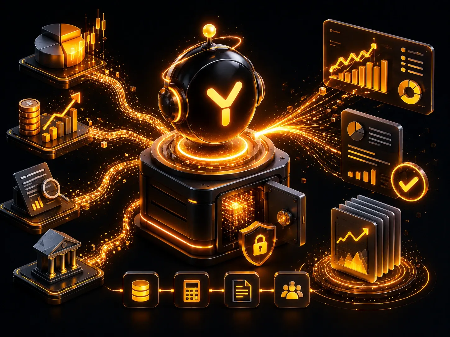AI-powered financial research assistant with secure portfolio analytics, market insights, and investment workflow automation on a dark futuristic background.