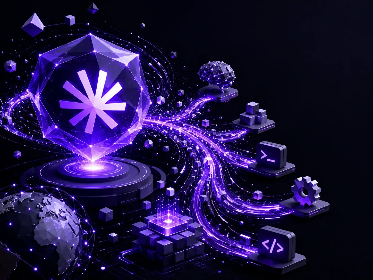 Abstract low-poly AI data streams representing a next-generation coding model and developer infrastructure.