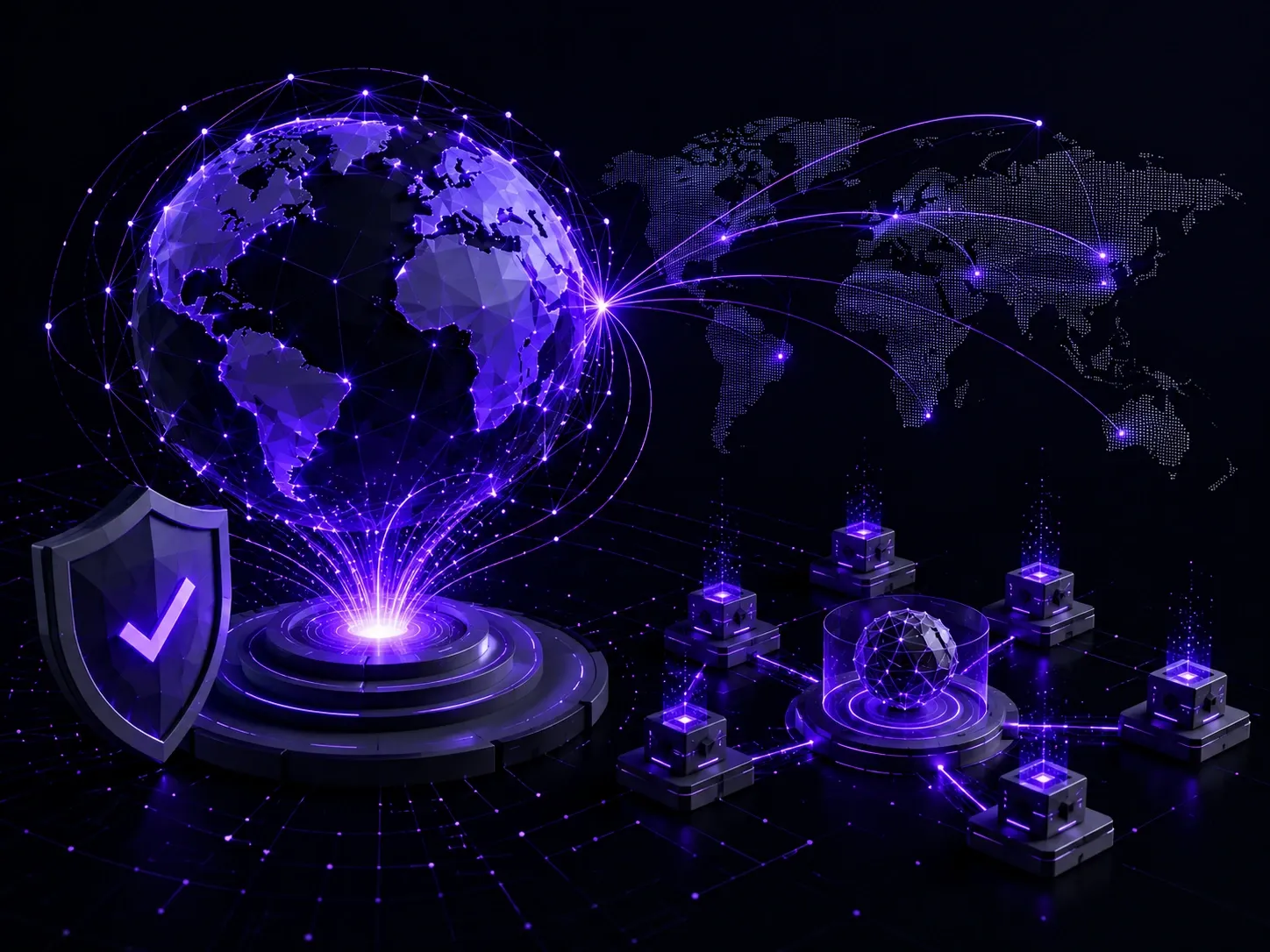 Global AI network with secure data connections symbolizing worldwide deployment and AI safety infrastructure.