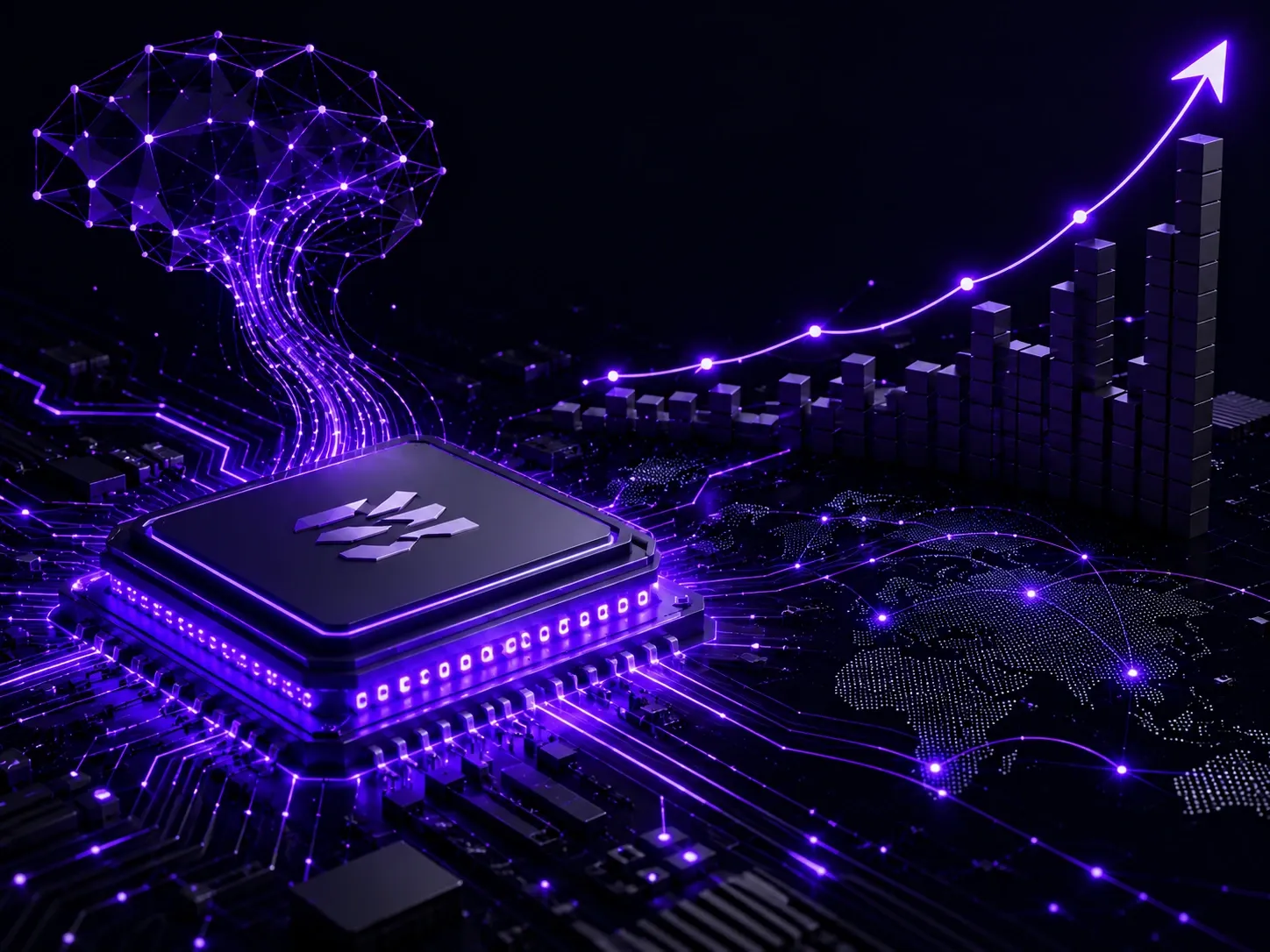 Glowing AI inference chip on futuristic circuit board representing semiconductor innovation and AI infrastructure.